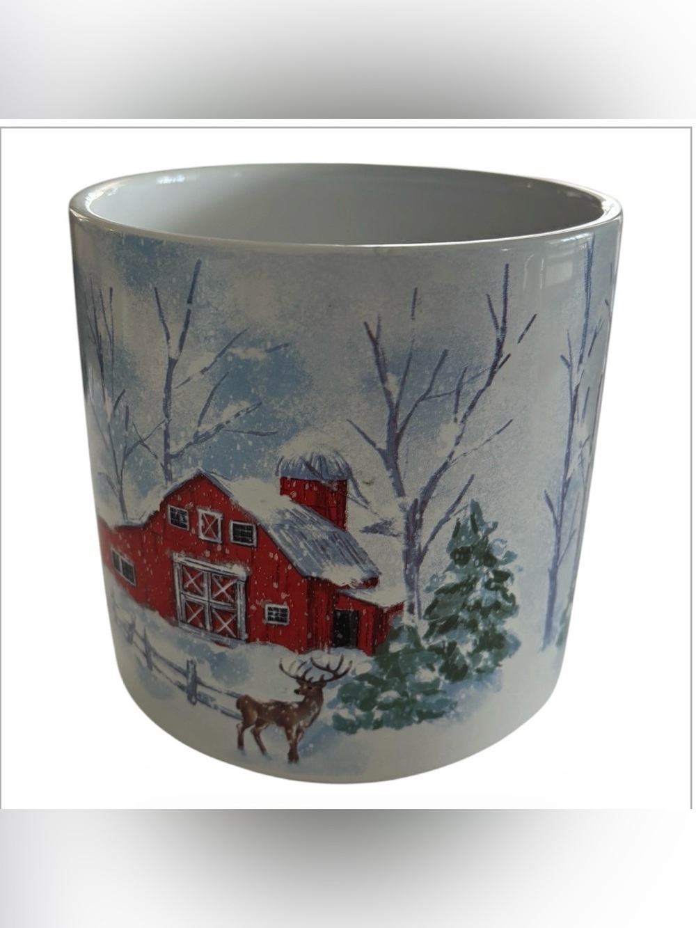 Winter Cabin Deer Planter. features a snowy winter scene